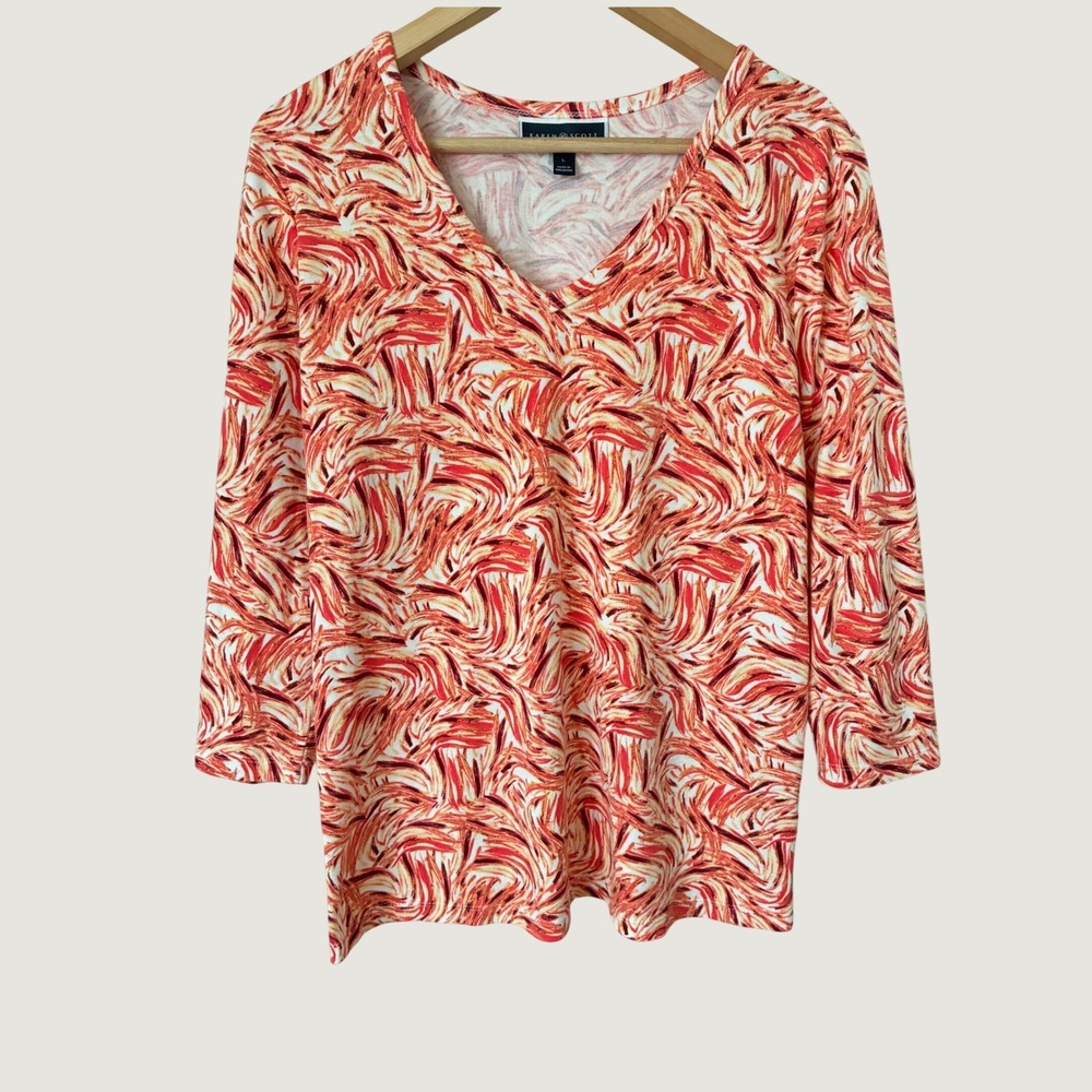 Karen‎ Scott Womens Red Orange Abstract Swirl V-Neck 3/4 Sleeve Top Large Casual